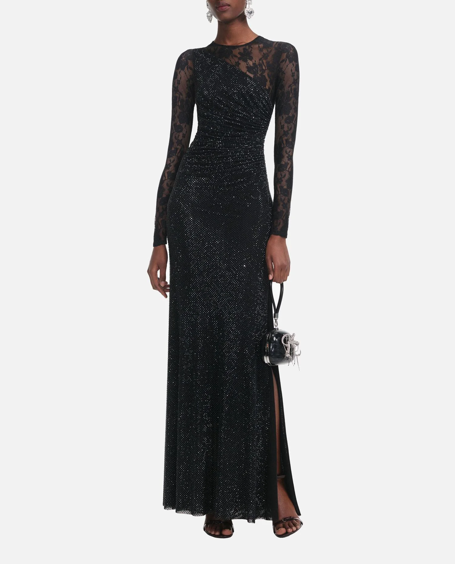 ABITO LUNGO CON MANICHE IN PIZZO CON STRASS NERO - Image 2