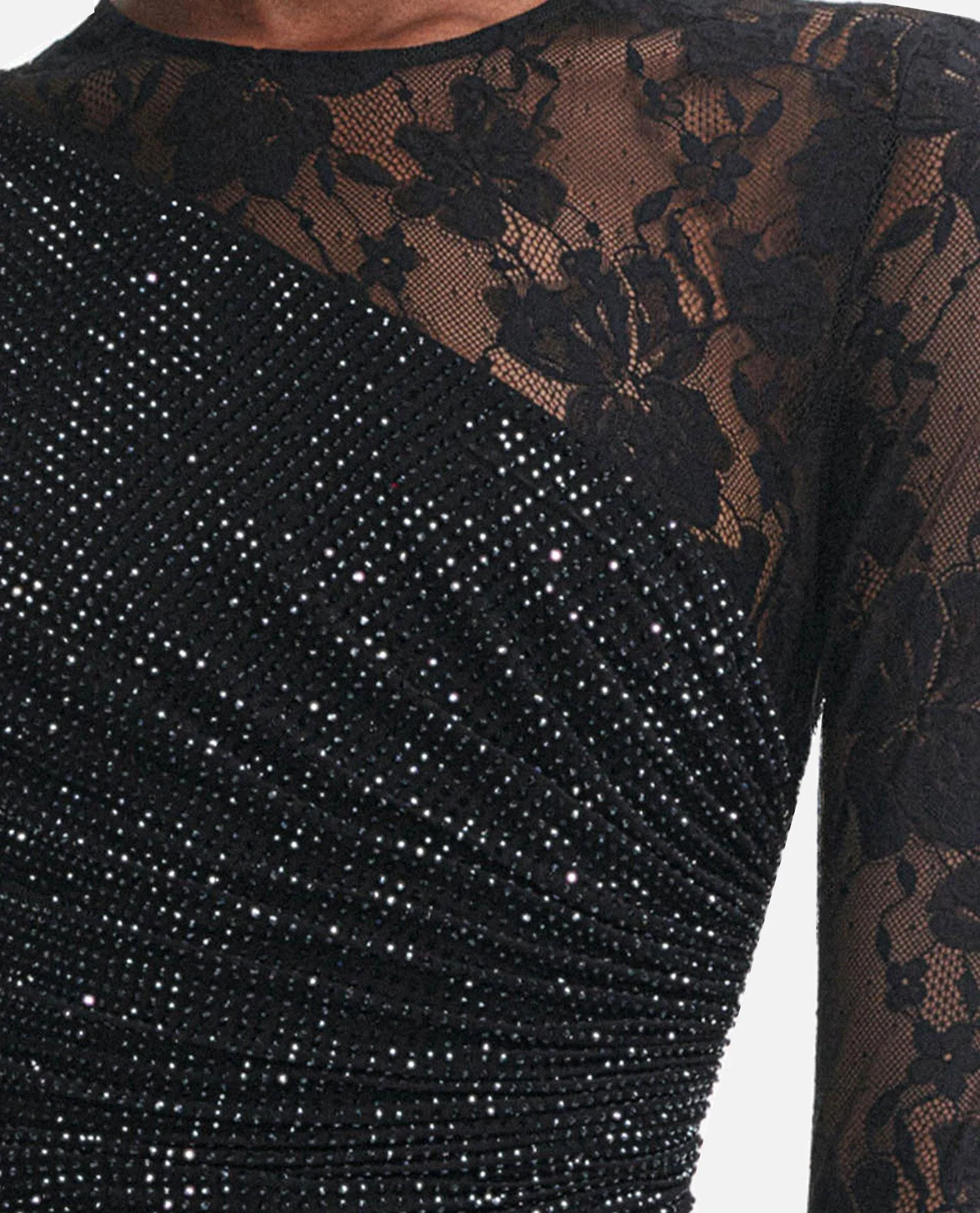 ABITO LUNGO CON MANICHE IN PIZZO CON STRASS NERO - Image 3